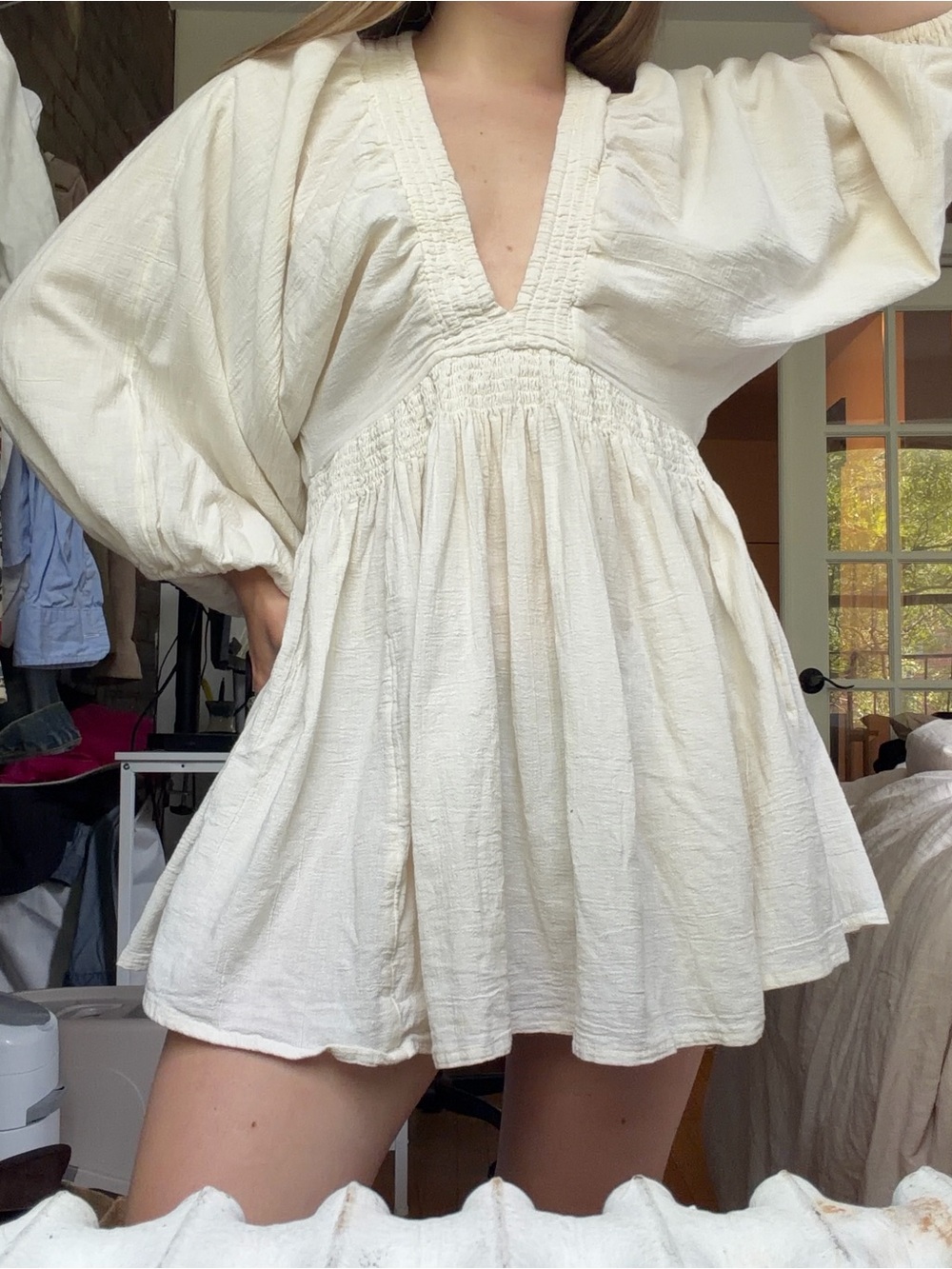 Free People Cream V-Neck Smocked Mini Dress